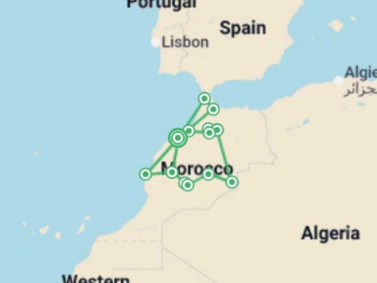 Map itinerary of Africa Tour in September 2026 with 9 destination visits for the trip: Casablanca to Essaouira with Chefchaouen - 15 days