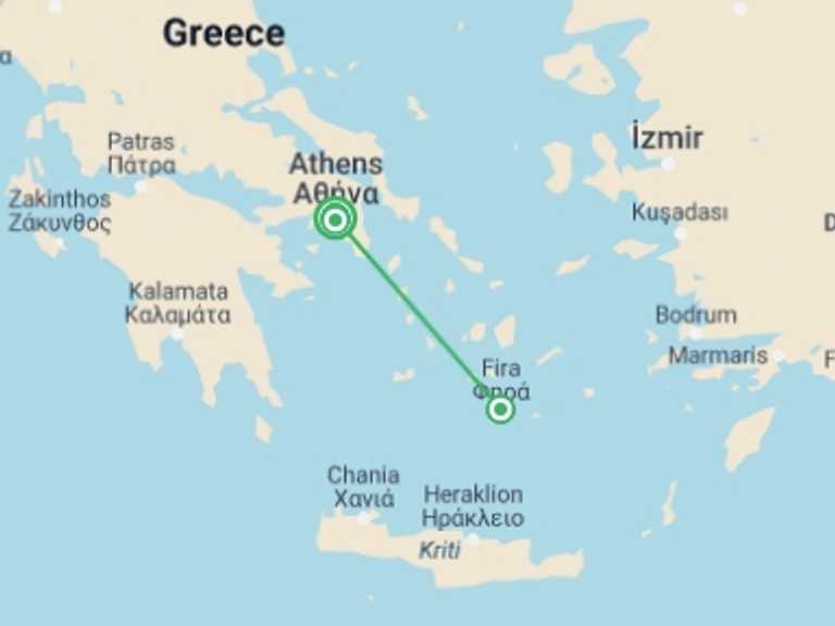 Map of Europe Volcanoes Tour with 2 destination visits for the trip: Santorini Explorer Tour