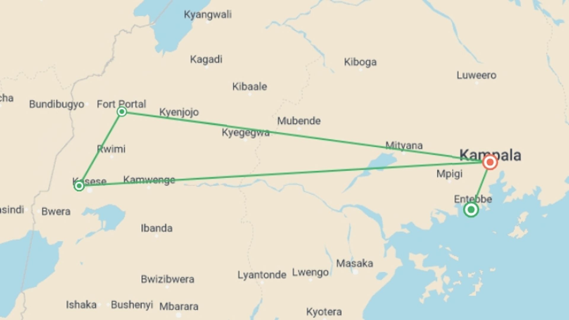 A map showing the tour itinerary for the trip: Mountains of the Moon, starting in Entebbe, Uganda and ending in Kampala, Uganda going through 2 other destinations.