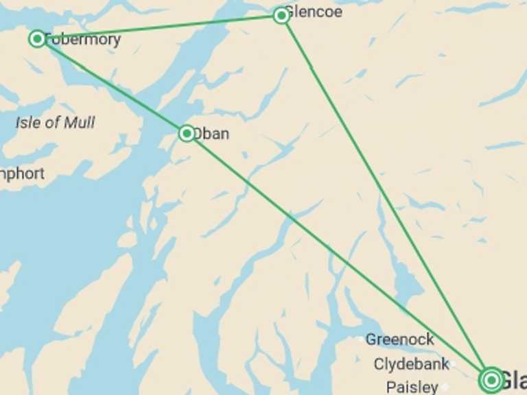 Map of 3-Day UK and Britain Tour with 2 destination visits for the trip: Magic Mull From Glasgow (Hotel) - 3 days