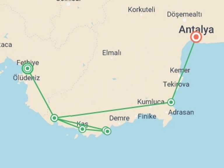 Map itinerary of Antalya Tour in July 2026 with 5 destination visits for the trip: Fethiye to Demre Gulet