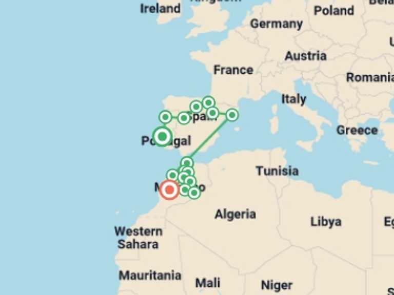 Map of North Africa Tour with 14 destination visits for the trip: Lisbon to Marrakesh