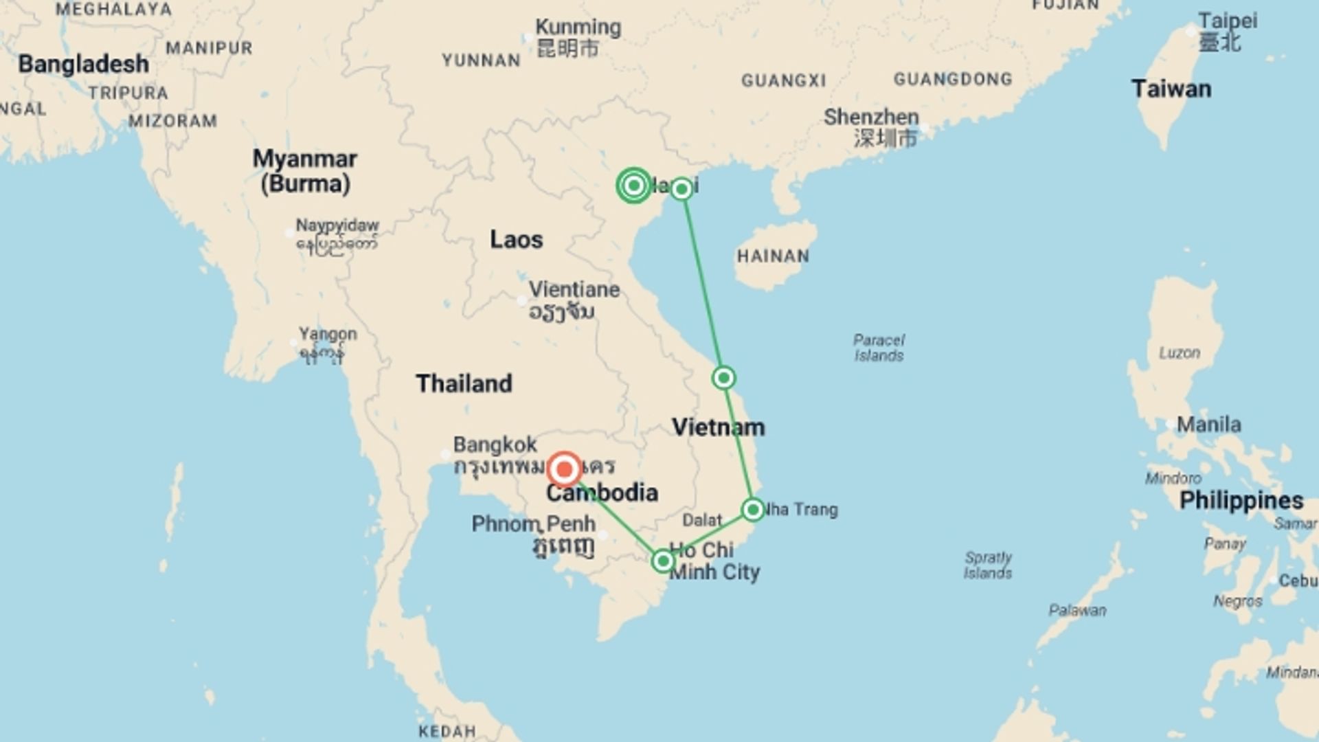 A map showing the tour itinerary for the trip: Vietnam and Cambodia Adventure, starting in Hanoi, Vietnam and ending in Siem Reap, Cambodia going through 4 other destinations.