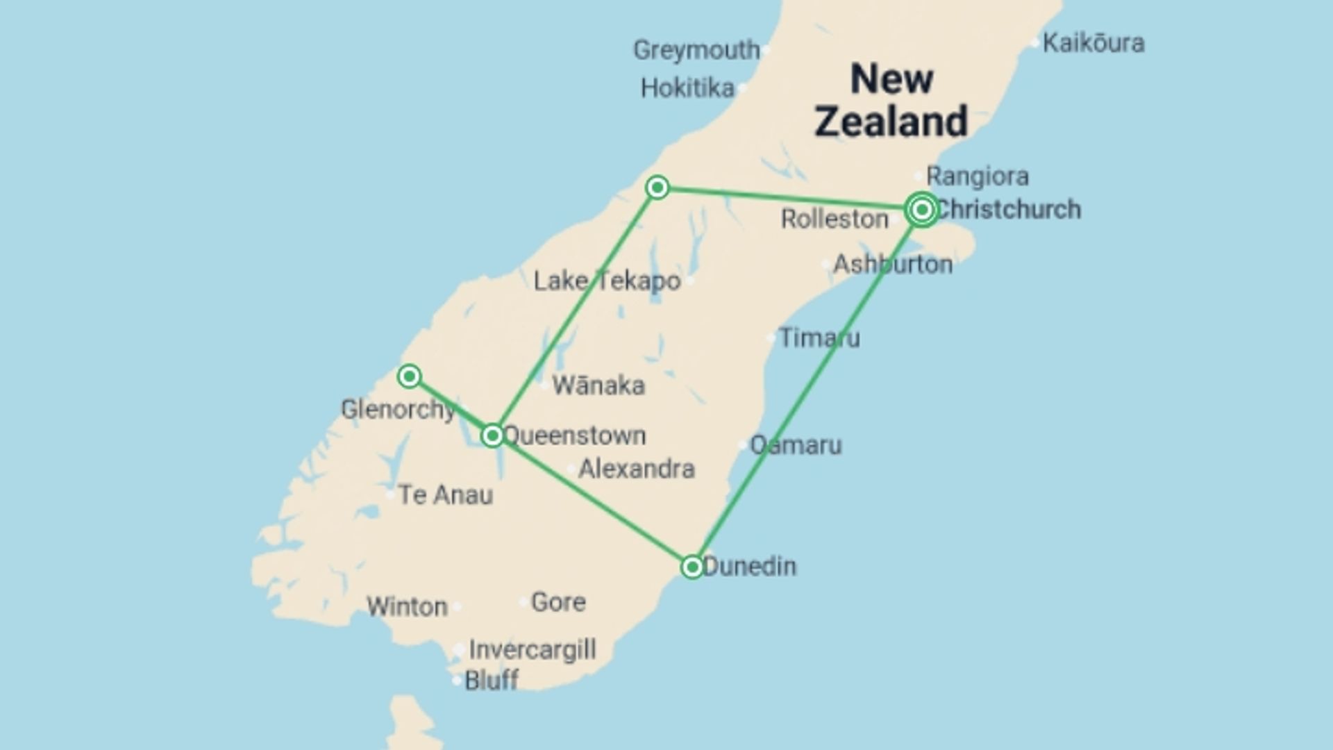 A map showing the tour itinerary for the trip: The Southern Drift, starting in Christchurch, New Zealand and ending in Christchurch, New Zealand going through 4 other destinations.