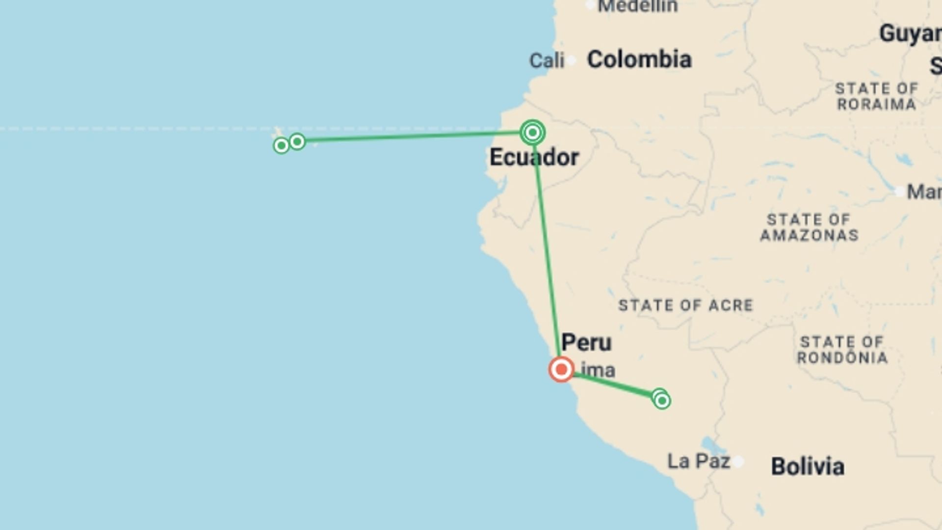 A map showing the tour itinerary for the trip: Quito, Galapagos & Peru Explorer - 13 days, starting in Quito, Ecuador and ending in Lima, Peru going through 4 other destinations.