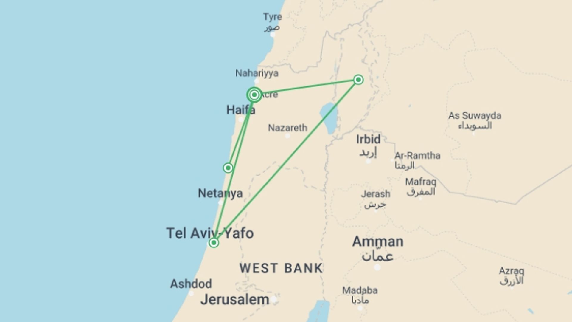 A map showing the tour itinerary for the trip: Caesarea And Golan Tour, 2 Days From Jerusalem, starting in Acre, Israel and ending in Acre, Israel going through 1 other destinations.