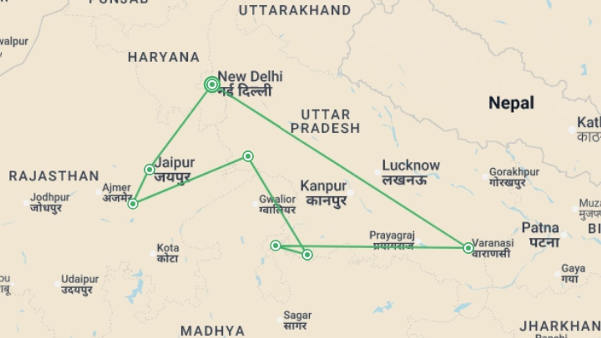 A map showing the tour itinerary for the trip: Essential India, starting in New Delhi, India and ending in New Delhi, India going through 6 other destinations.