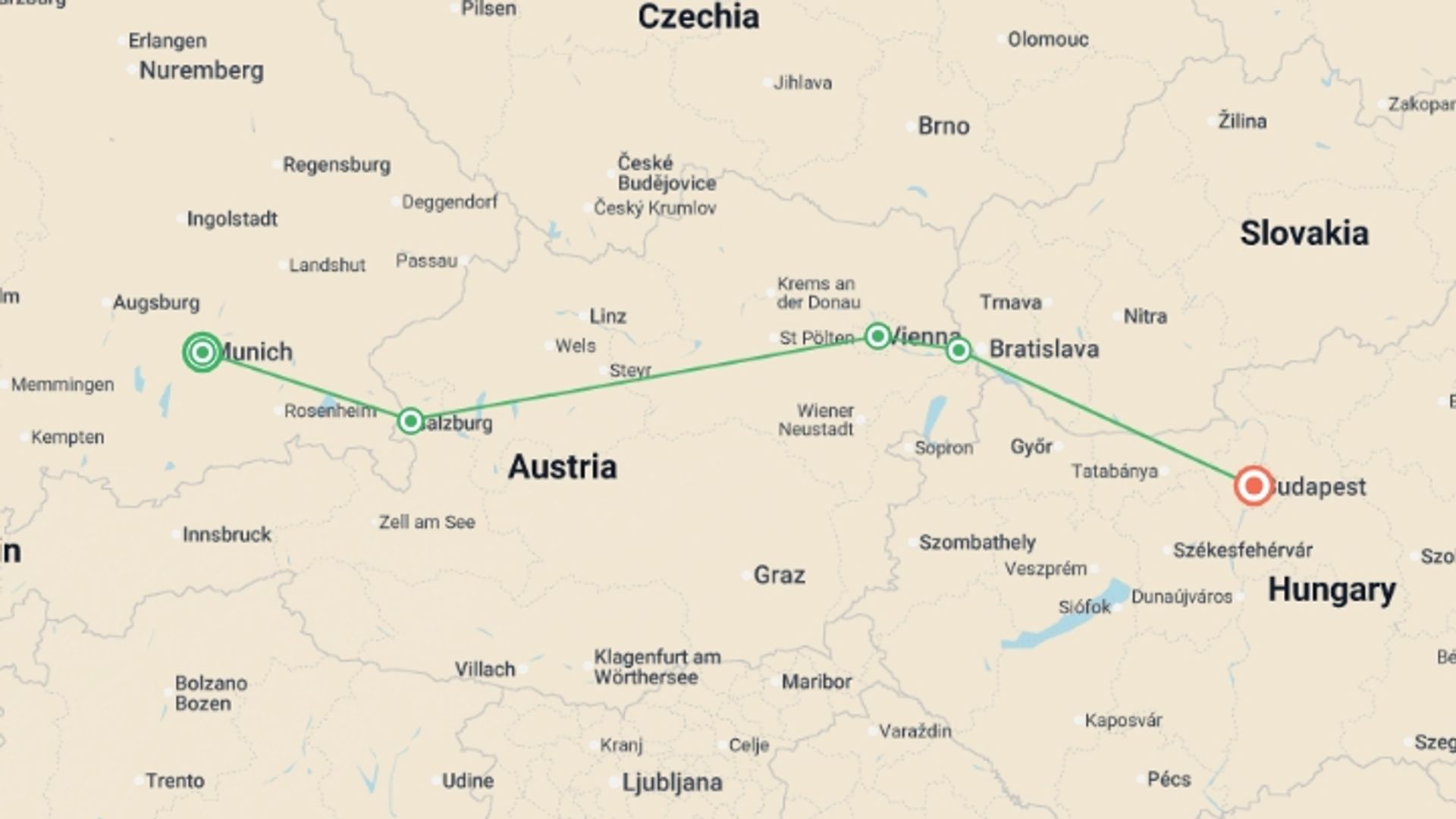 A map showing the tour itinerary for the trip: Magical Christmas Markets: Munich to Budapest, starting in Munich, Germany and ending in Budapest, Hungary going through 2 other destinations.