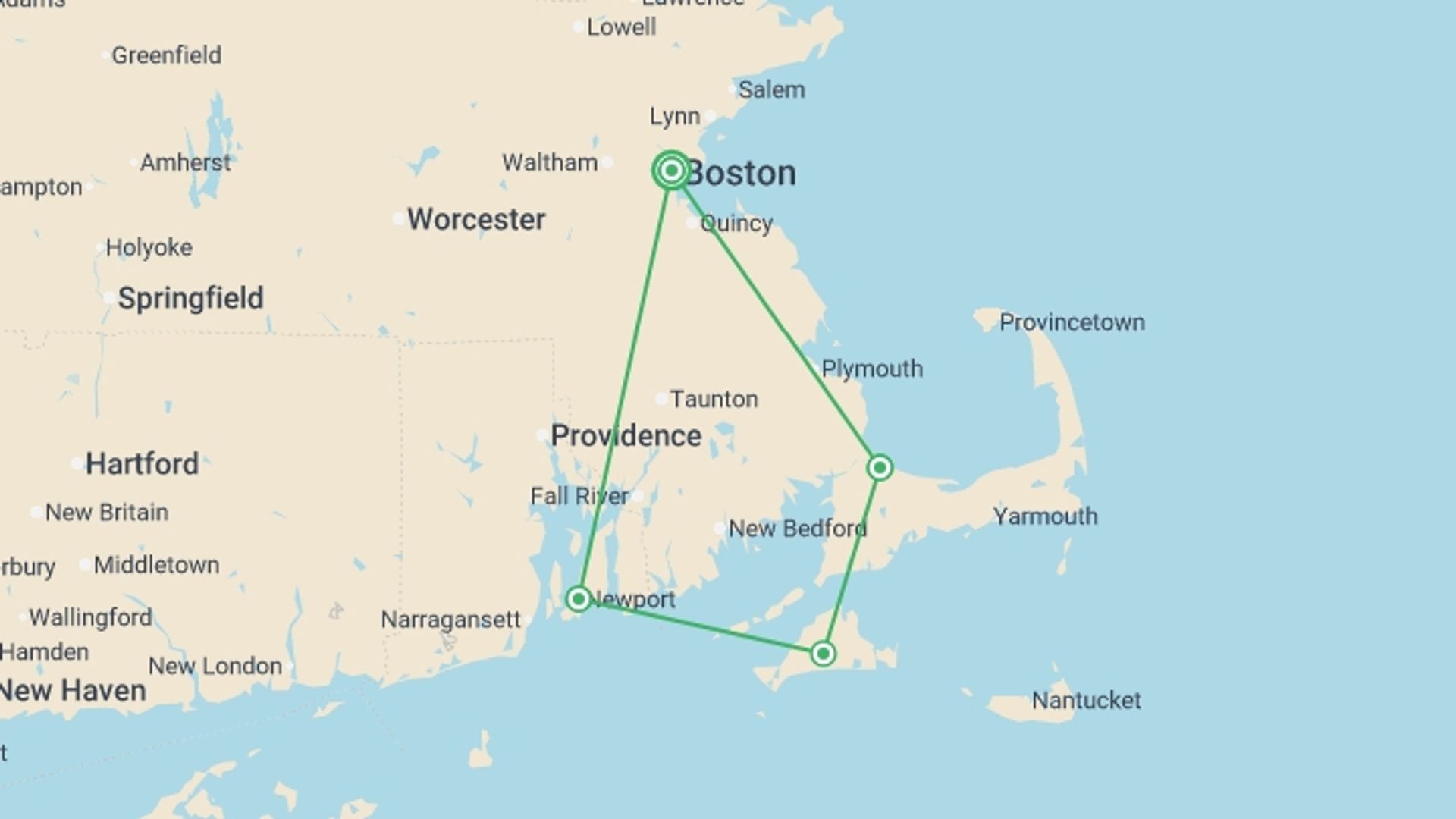 A map showing the tour itinerary for the trip: Treasures of Cape Cod & the Islands, a Women-Only Tour, starting in Boston, USA and ending in Boston, USA going through 3 other destinations.