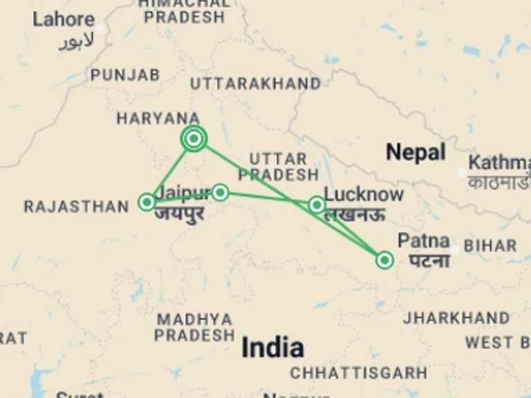 Map itinerary of Asia Tour in Fall with 5 destination visits for the trip: Premium India