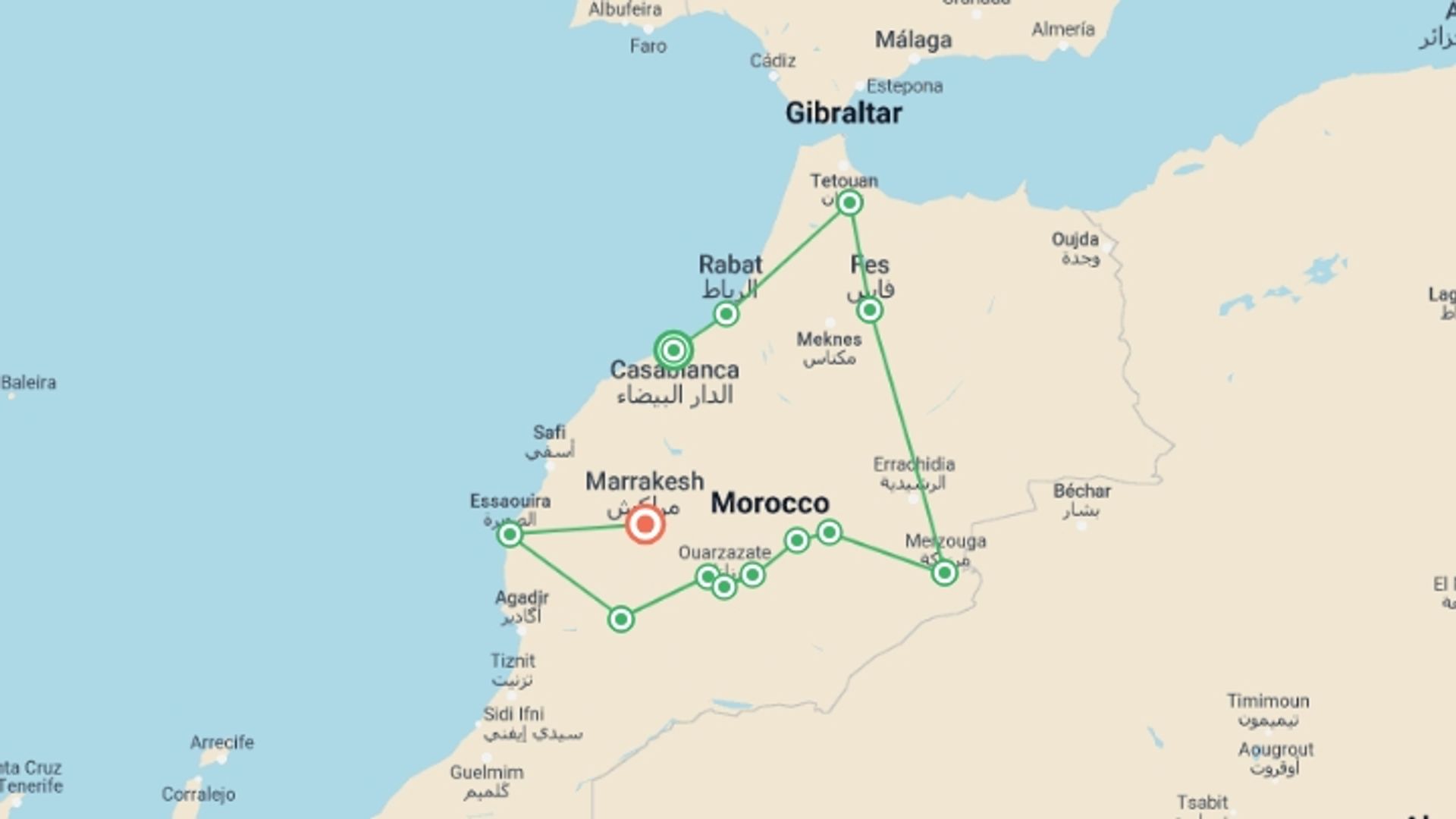 A map showing the tour itinerary for the trip: Morocco Encompassed, starting in Casablanca, Morocco and ending in Marrakech, Morocco going through 11 other destinations.