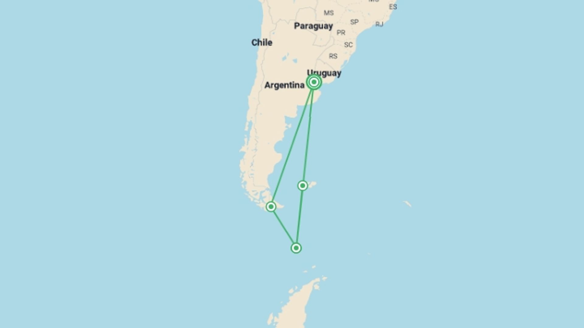 A map showing the tour itinerary for the trip: Emperor Penguin Quest: Expedition to Snow Hill, starting in Buenos Aires, Argentina and ending in Buenos Aires, Argentina going through 3 other destinations.