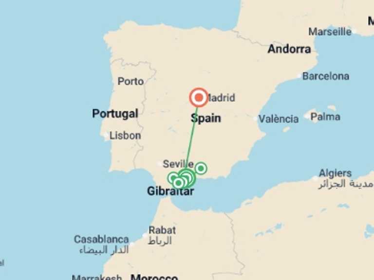 Map itinerary of Spain Tour in April 2027 with 3 destination visits for the trip: Spain's Costa del Sol & Madrid 