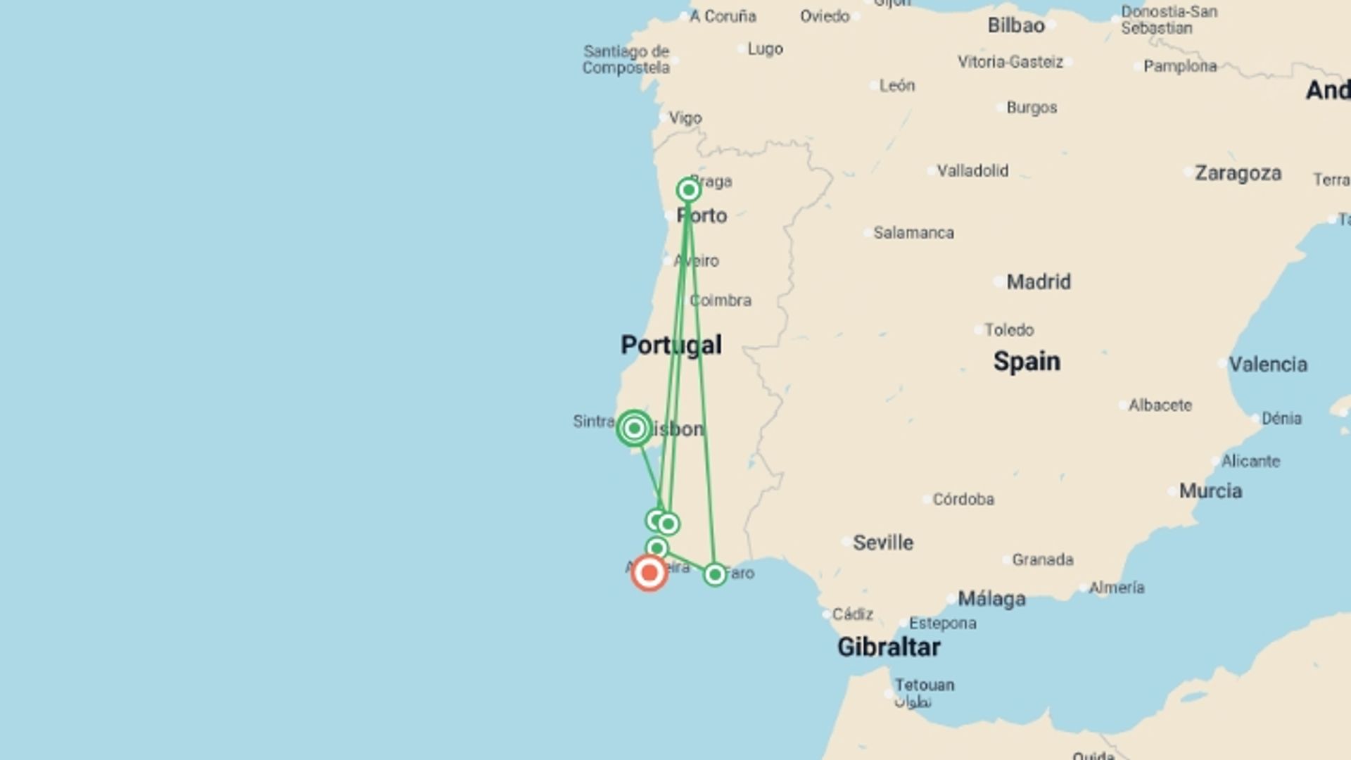 A map showing the tour itinerary for the trip: Hike the Rota Vicentina in Portugal, starting in Lisbon, Portugal and ending in Sagres, Portugal going through 4 other destinations.