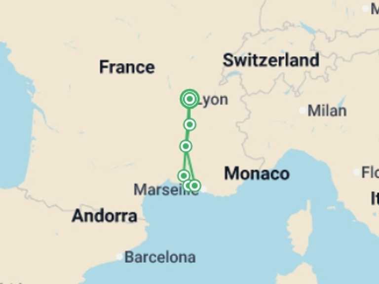 Map itinerary of France Tour in May 2026 with 5 destination visits for the trip: A trip to admire the beautiful scenery of the Rhône valley (port-to-port cruise)