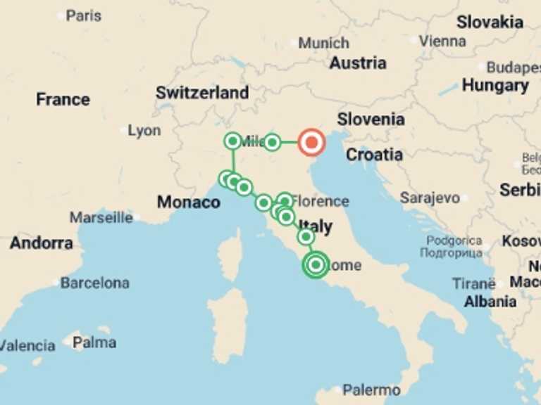 Map of Milan City sightseeing Tour with 7 destination visits for the trip: The Essential of Italy