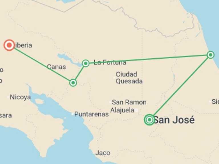 Map of a Eco Tour with 4 destination visits for the trip: Costa Rica Nature Adventure
