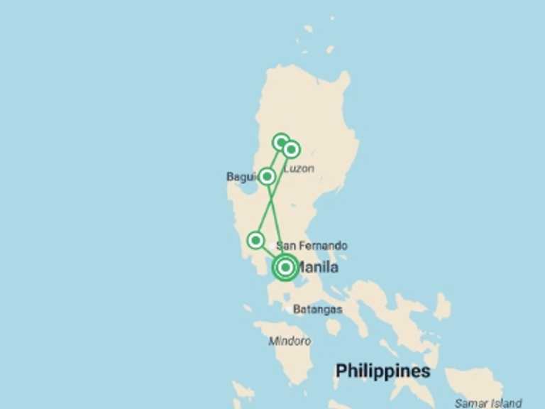 Map itinerary of Asia Tour in April 2027 with 5 destination visits for the trip: Northern Philippines Highlights
