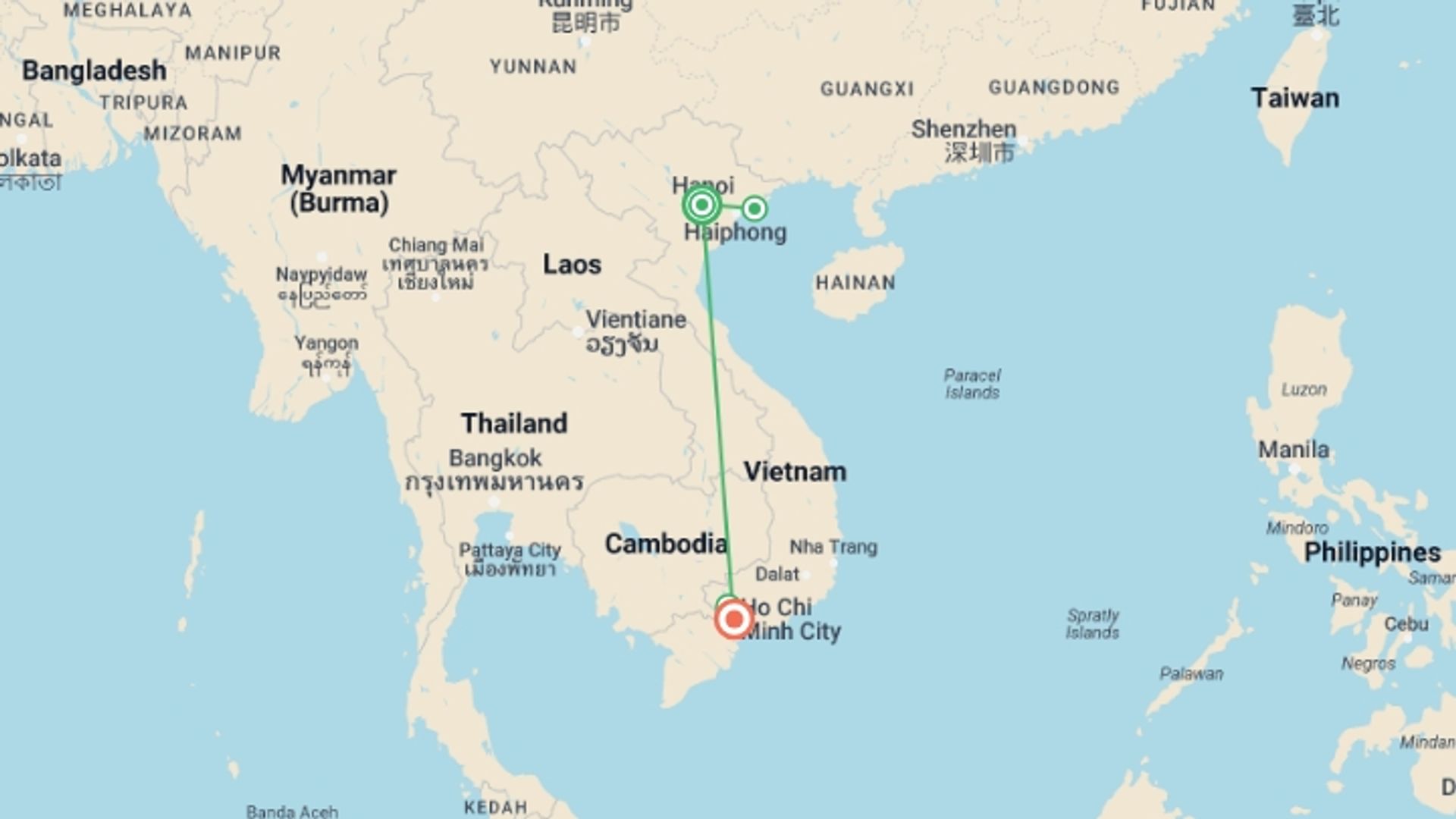 A map showing the tour itinerary for the trip: Vietnam Highlights 6 Days, starting in Hanoi, Vietnam and ending in Ho Chi Minh City, Vietnam going through 2 other destinations.