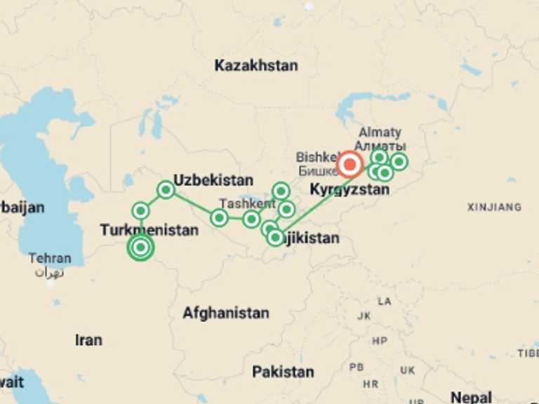 Map itinerary of Bishkek Tour in May 2026 with 14 destination visits for the trip: Central Asia: Five Stans Express