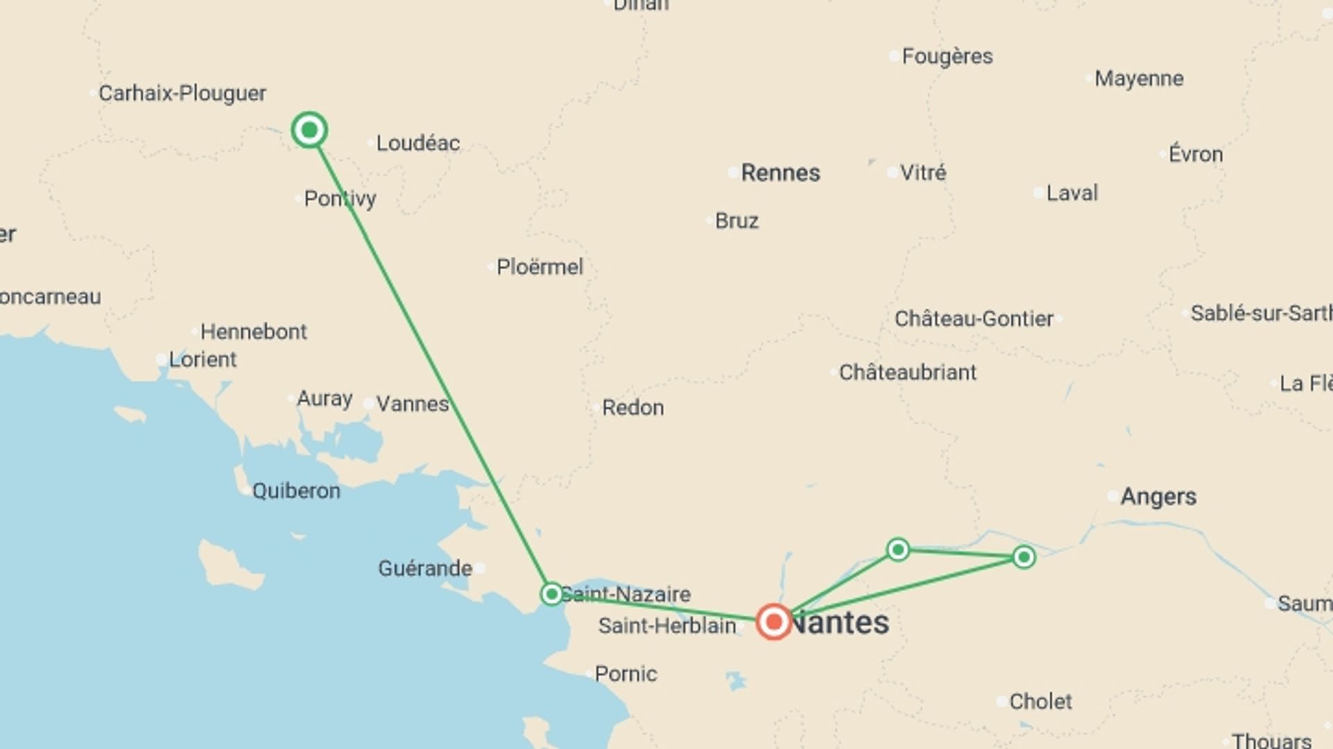 A map showing the tour itinerary for the trip: Royal New Year cruise on the Loire (port-to-port cruise), starting in Brittany, France and ending in Nantes, France going through 4 other destinations.