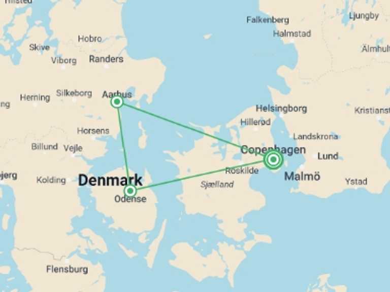 Map itinerary of Denmark Tour in Winter with 3 destination visits for the trip: Best of Denmark By Train - 8 days