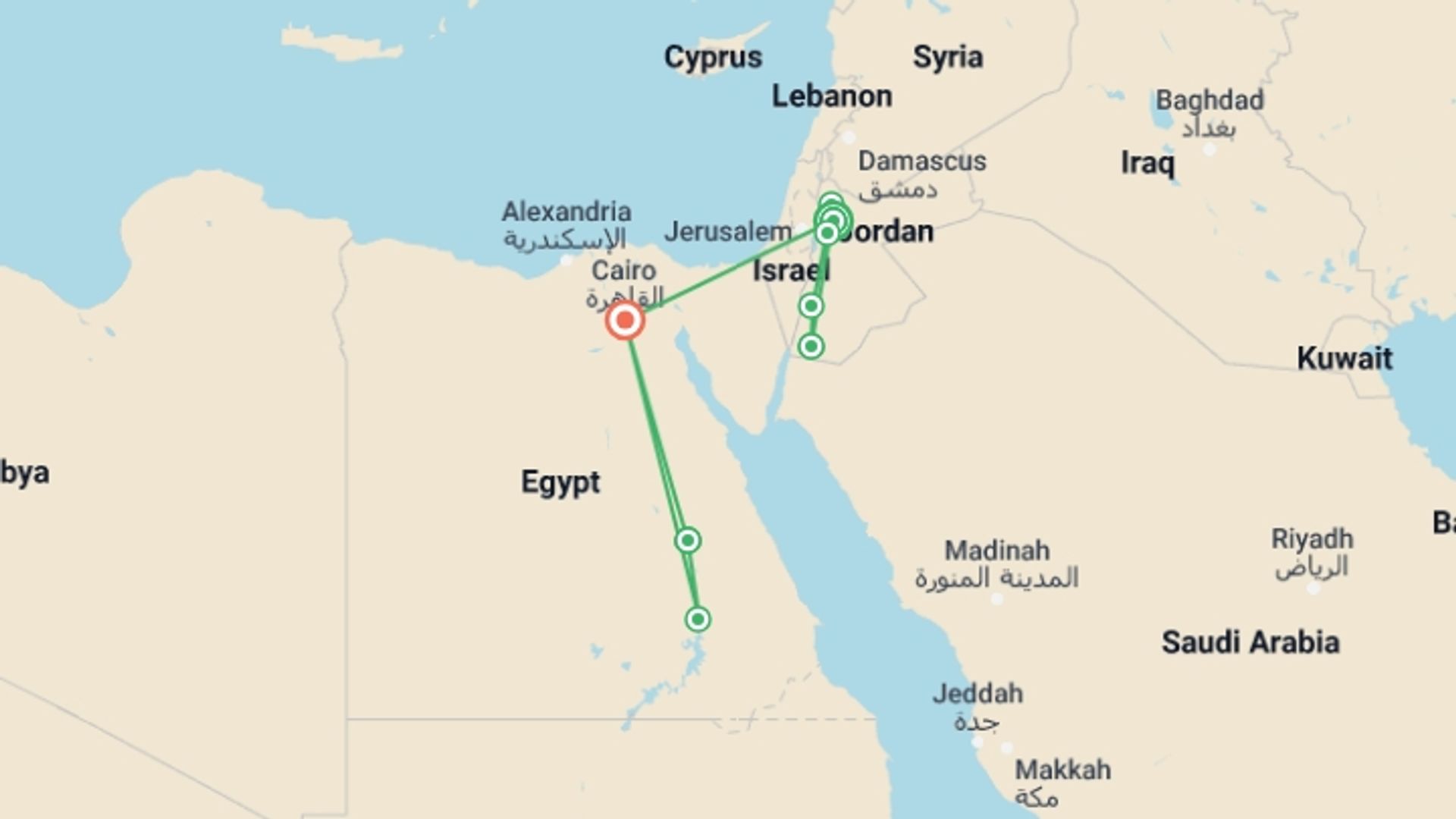 A map showing the tour itinerary for the trip: Nabateans & Nubians, starting in Amman, Jordan and ending in Cairo, Egypt going through 6 other destinations.
