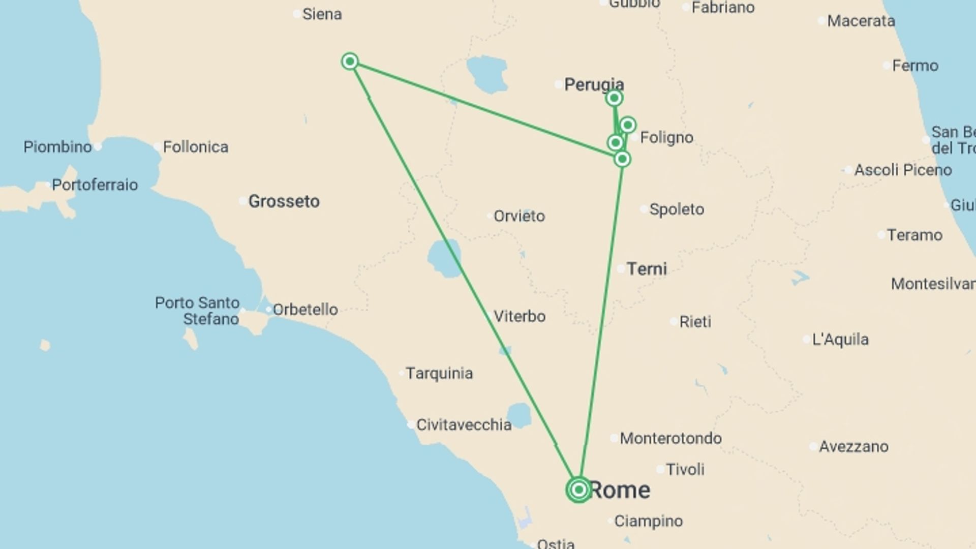 A map showing the tour itinerary for the trip: Walking in Rome, Assisi and Umbria - Premium Adventure, starting in Rome, Italy and ending in Rome, Italy going through 5 other destinations.