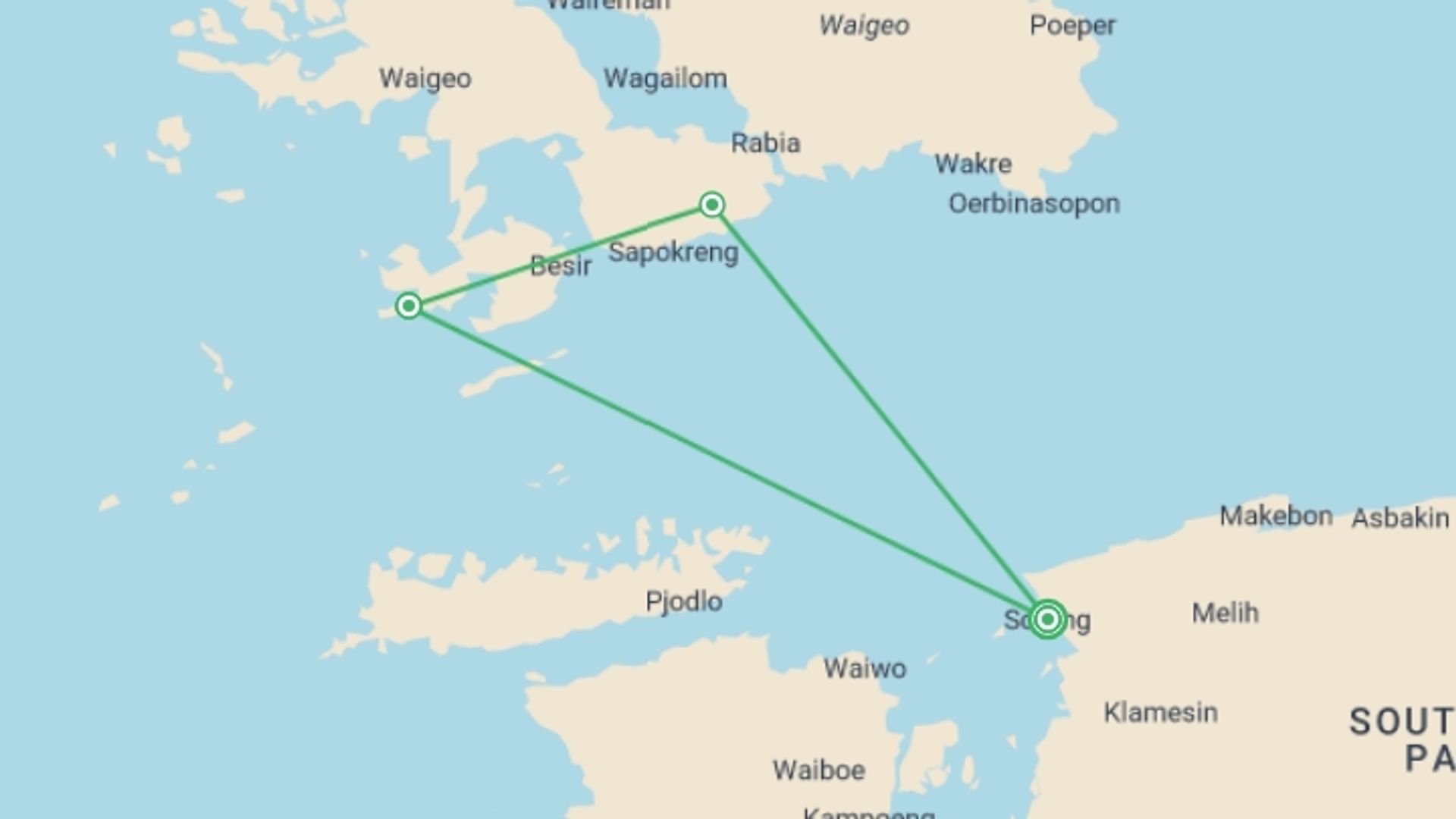 A map showing the tour itinerary for the trip: Indonesia Sailing Adventure: Raja Ampat, starting in Sorong, Indonesia and ending in Sorong, Indonesia going through 2 other destinations.