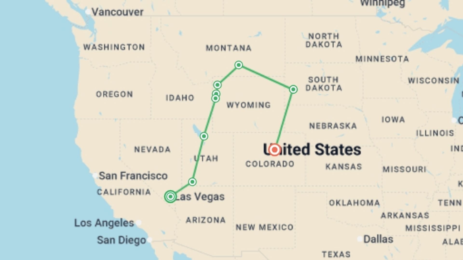 A map showing the tour itinerary for the trip: Western Frontiers, starting in Las Vegas, USA and ending in Denver, USA going through 7 other destinations.