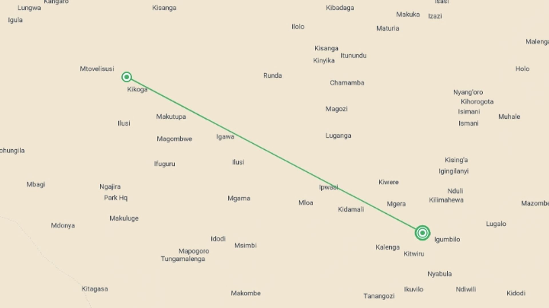 A map showing the tour itinerary for the trip: The Adventure in Ruaha National Park, starting in Iringa, Tanzania and ending in Iringa, Tanzania going through 1 other destinations.