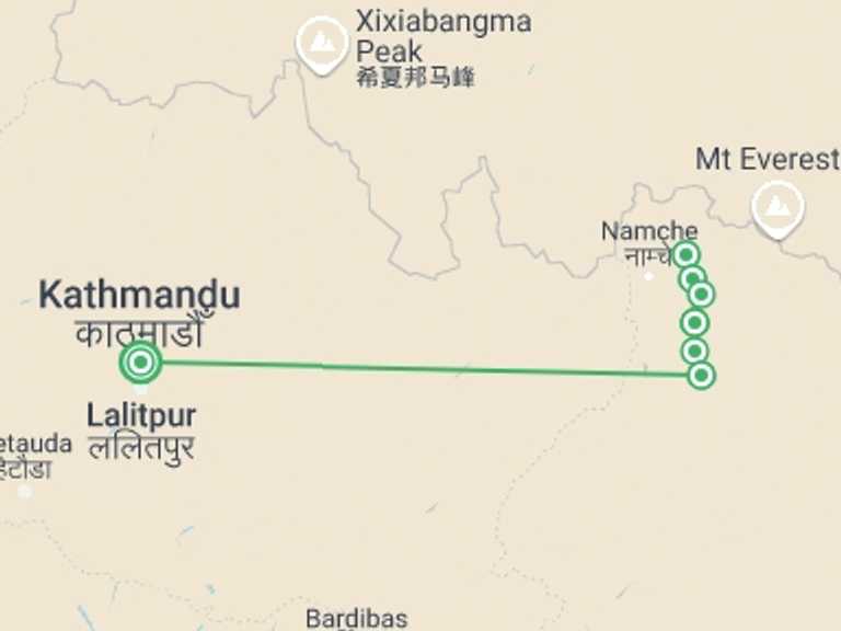 Map itinerary of Nepal Tour in Winter with 8 destination visits for the trip: Gokyo Lake Trek