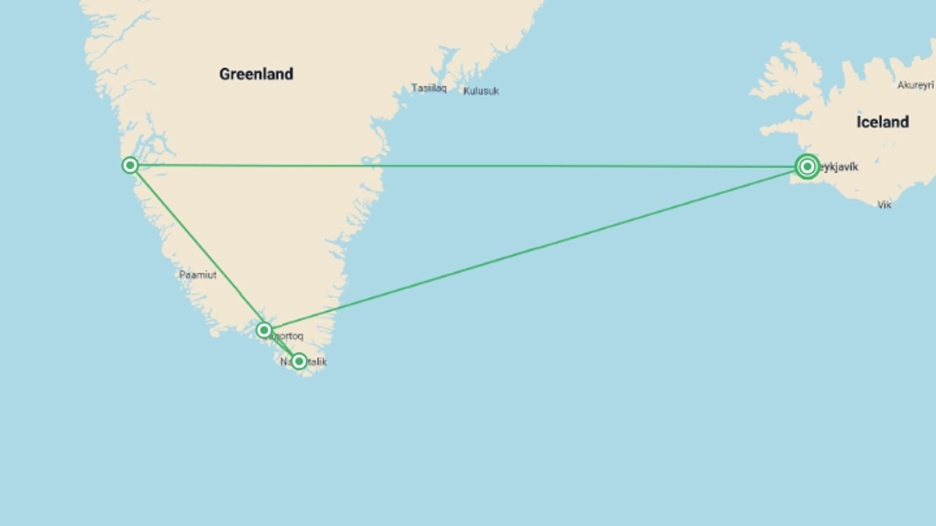 A map showing the tour itinerary for the trip: South Greenland: Exploring Glaciers, Fjords and Viking Culture, starting in Reykjavik, Iceland and ending in Reykjavik, Iceland going through 3 other destinations.