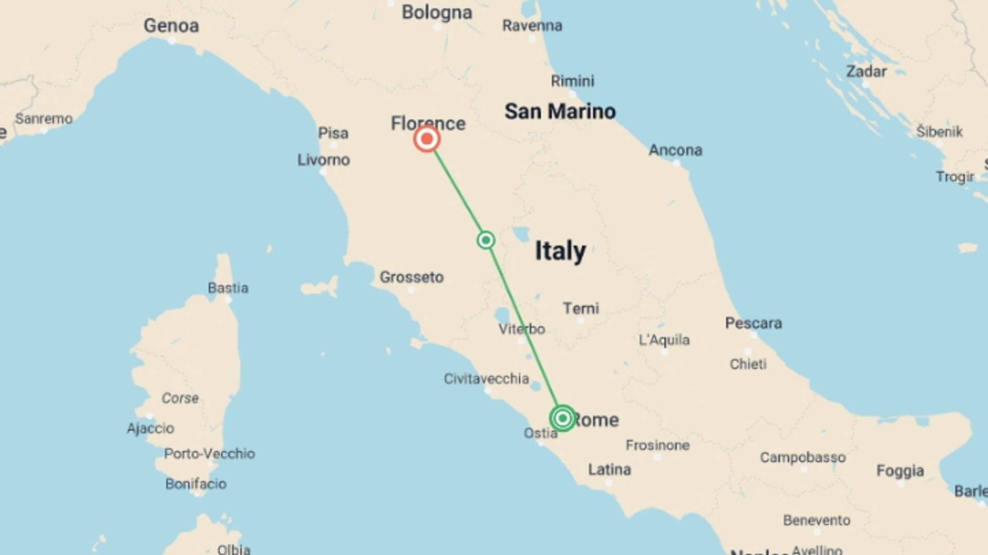 A map showing the tour itinerary for the trip: Tuscan Adventure: Rome to Florence, starting in Rome, Italy and ending in Florence, Italy going through 1 other destinations.
