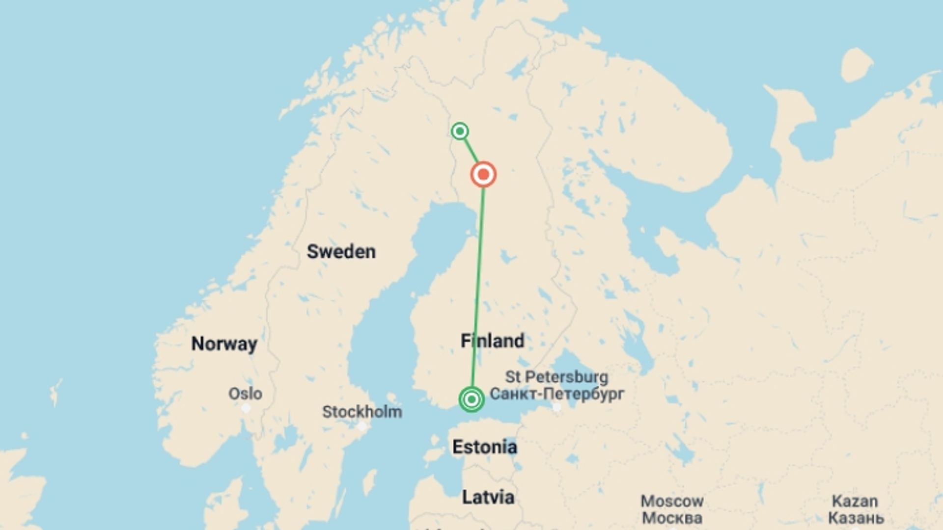 A map showing the tour itinerary for the trip: Finnish Lapland in Winter, starting in Helsinki, Finland and ending in Rovaniemi, Finland going through 1 other destinations.