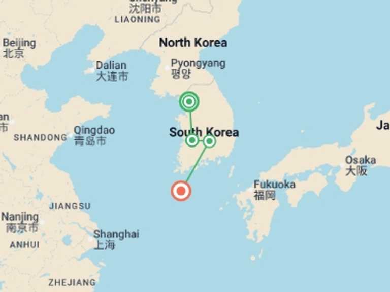 Map itinerary of Asia Tour in August 2026 with 4 destination visits for the trip: Premium South Korea