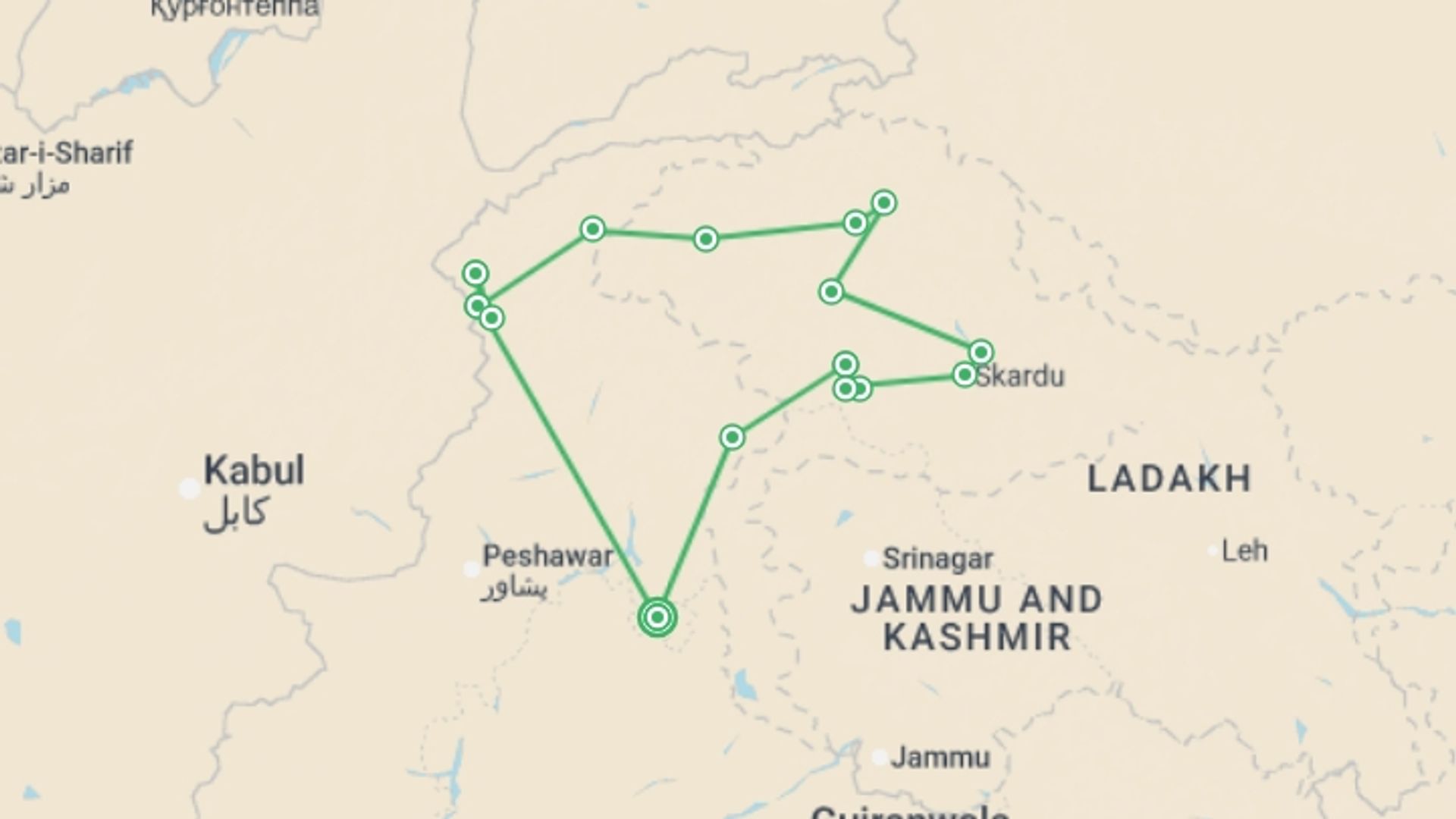 A map showing the tour itinerary for the trip: Karakorum Highway & Chitral Valley, starting in Islamabad, Pakistan and ending in Islamabad, Pakistan going through 14 other destinations.