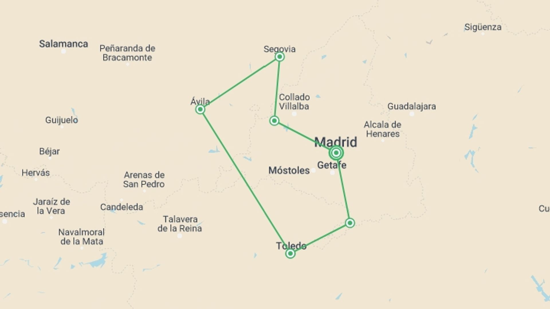 A map showing the tour itinerary for the trip: Undiscovered Castilla, Self-drive, starting in Madrid, Spain and ending in Madrid, Spain going through 2 other destinations.