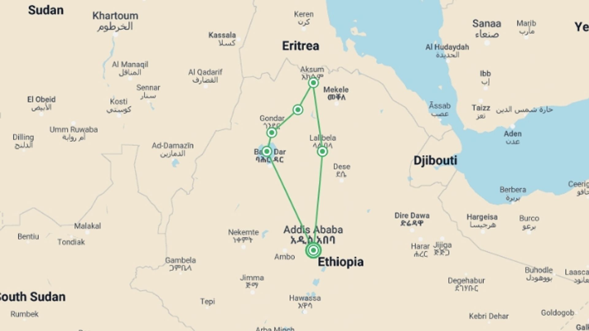 A map showing the tour itinerary for the trip: Ethiopia: Africa’s Hidden Treasure, starting in Addis Ababa, Ethiopia and ending in Addis Ababa, Ethiopia going through 5 other destinations.