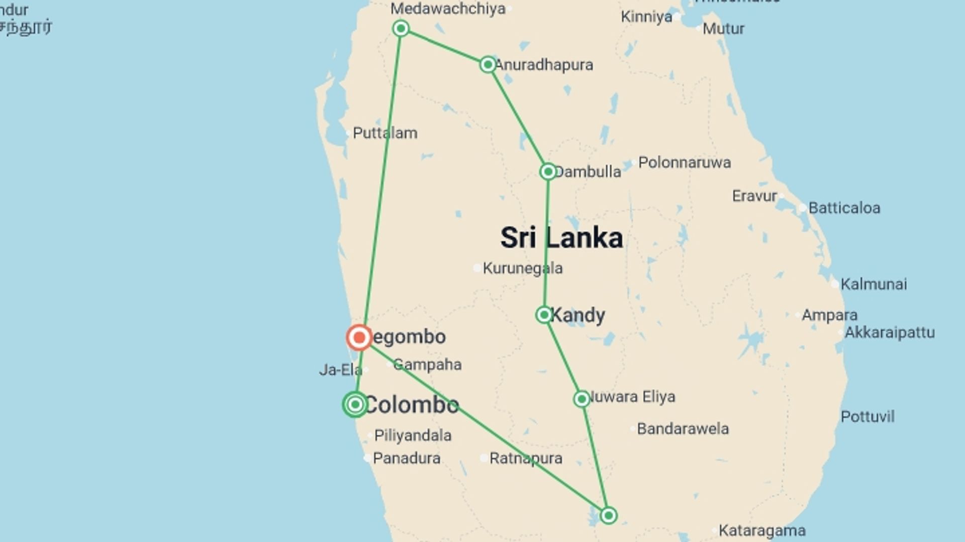A map showing the tour itinerary for the trip: Journeys: Discover Sri Lanka, starting in Colombo, Sri Lanka and ending in Negombo, Sri Lanka going through 6 other destinations.