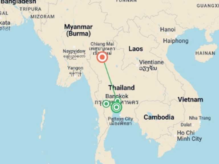 Map of a Cultural, religious and historic sites Tour with 4 destination visits for the trip: Bangkok to Chiang Mai Express