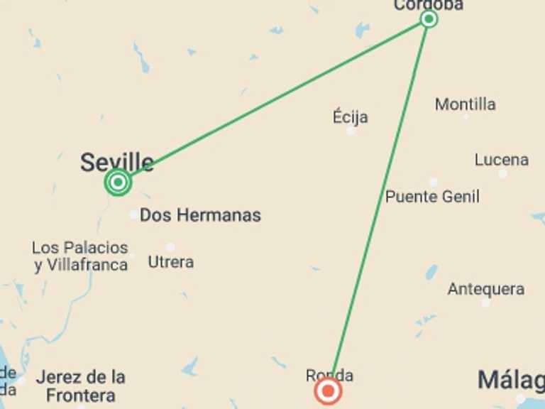 Map itinerary of Spain Tour in February 2026 with 3 destination visits for the trip: Andalusia Classic Tour: 4 Days