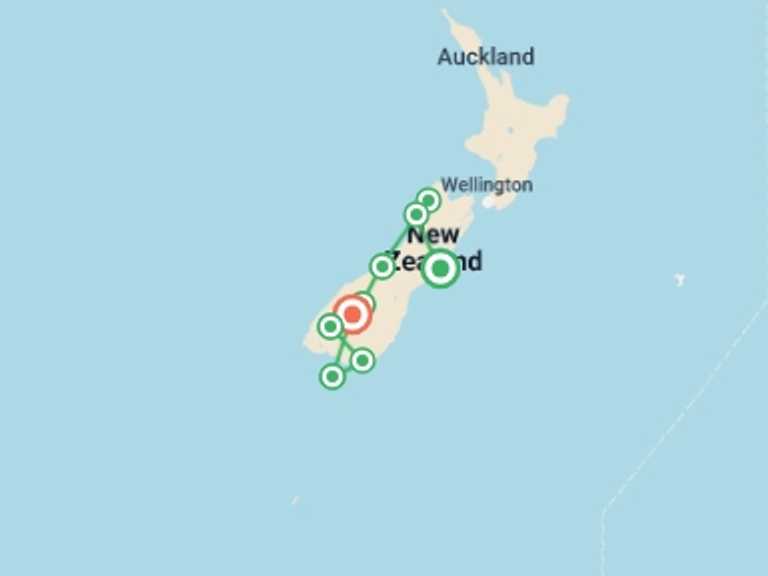 Map itinerary of Oceania Tour in May 2027 with 9 destination visits for the trip: New Zealand South Island Adventure