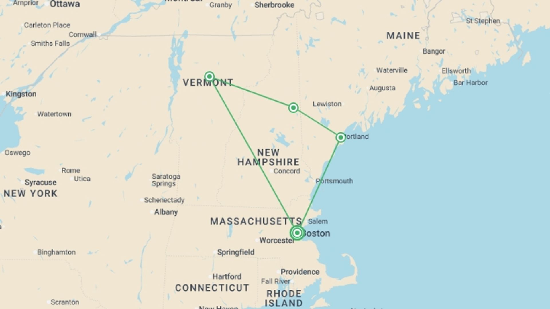 A map showing the tour itinerary for the trip: Colors of New England, starting in Boston, USA and ending in Boston, USA going through 4 other destinations.