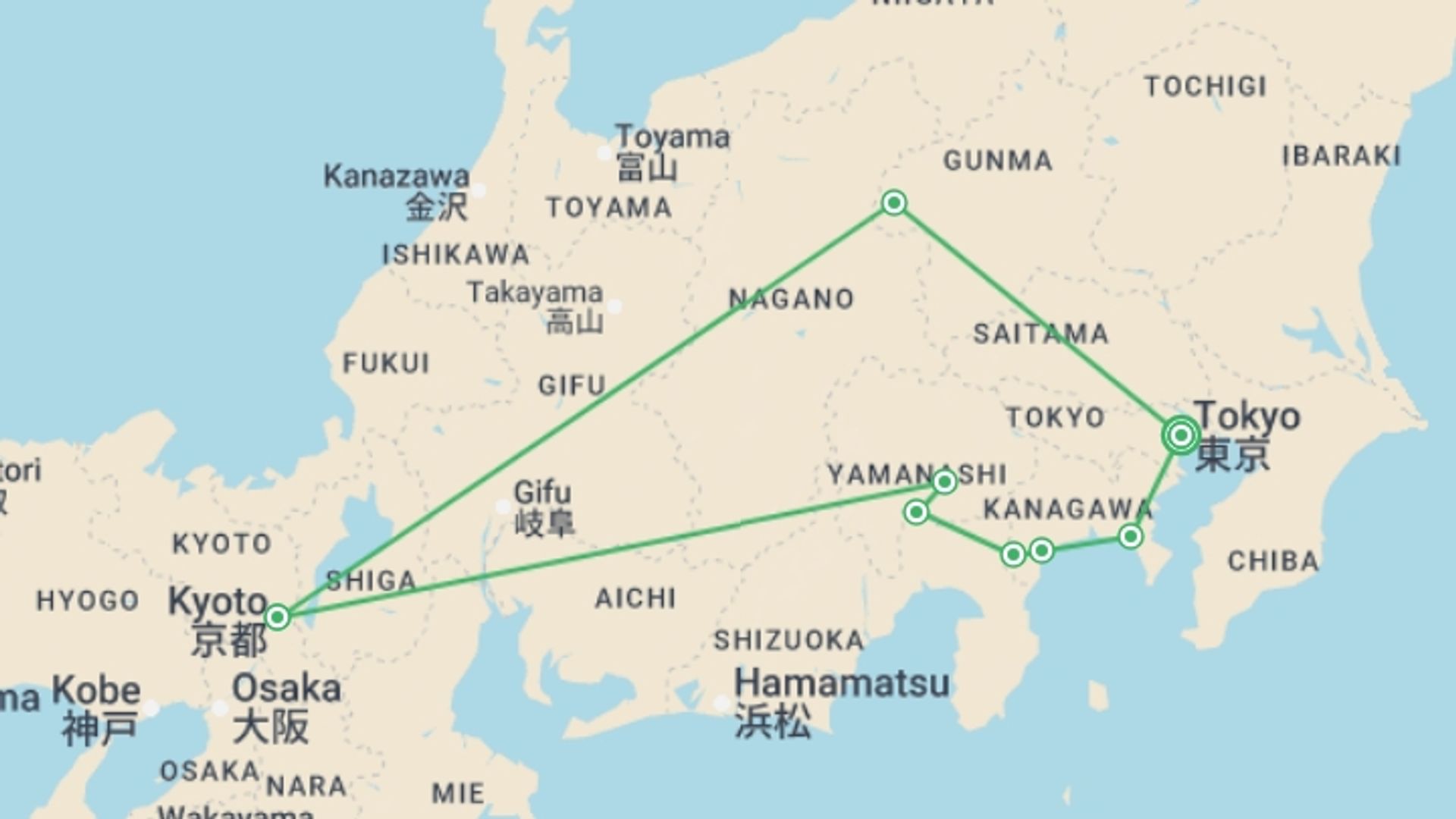 A map showing the tour itinerary for the trip: Corners of Japan with Mount Fuji, starting in Tokyo, Japan and ending in Tokyo, Japan going through 3 other destinations.