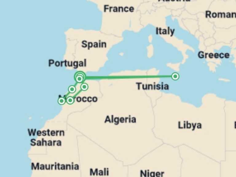 Map of Marrakech Walking Tour with 6 destination visits for the trip: Moroccan Hallmarks