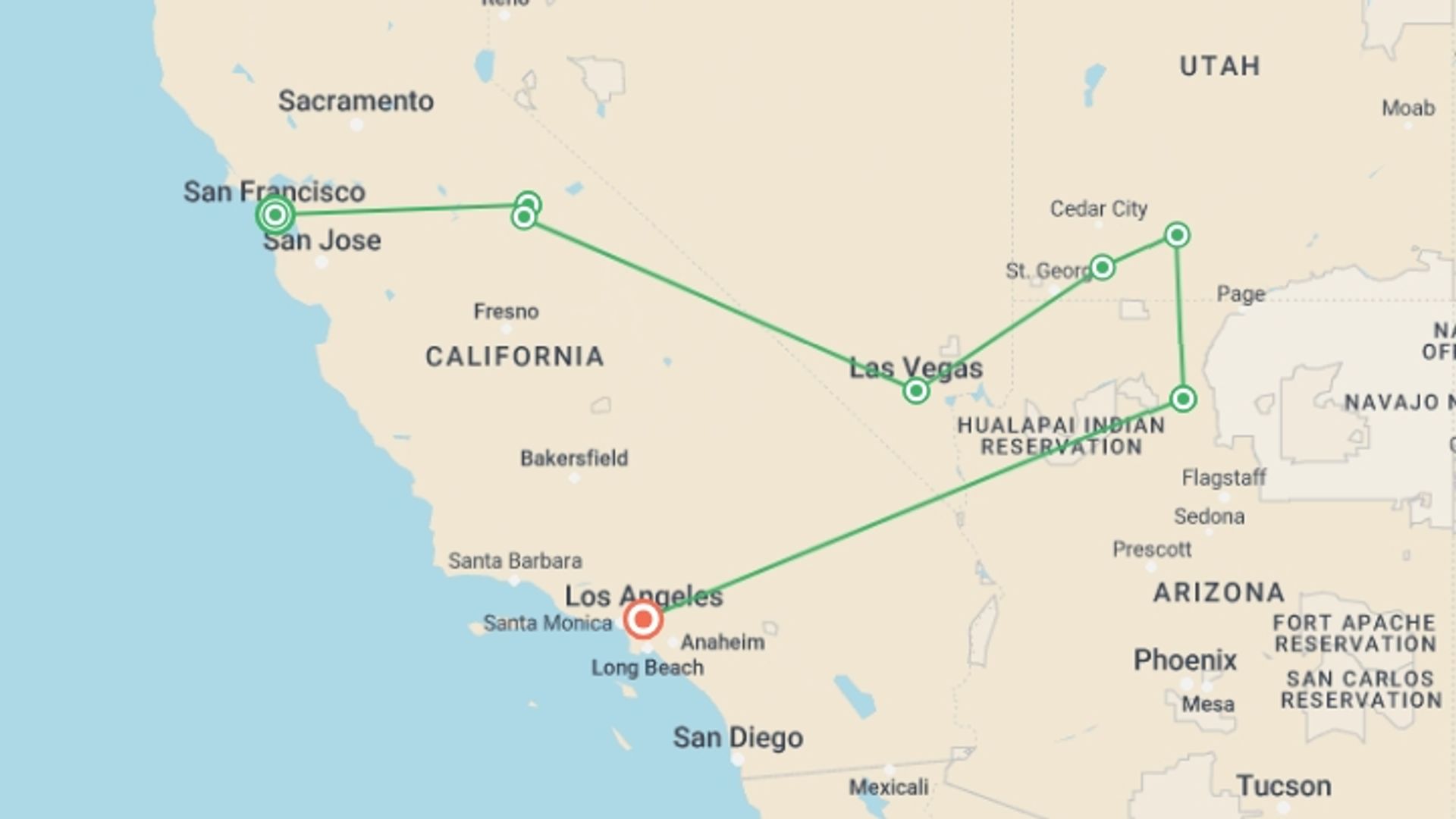 A map showing the tour itinerary for the trip: Real San Francisco to LA, starting in San Francisco, USA and ending in Los Angeles, USA going through 6 other destinations.