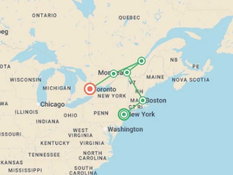 Map itinerary of New York Tour in September 2026 with 6 destination visits for the trip: East Coast Essential End Toronto