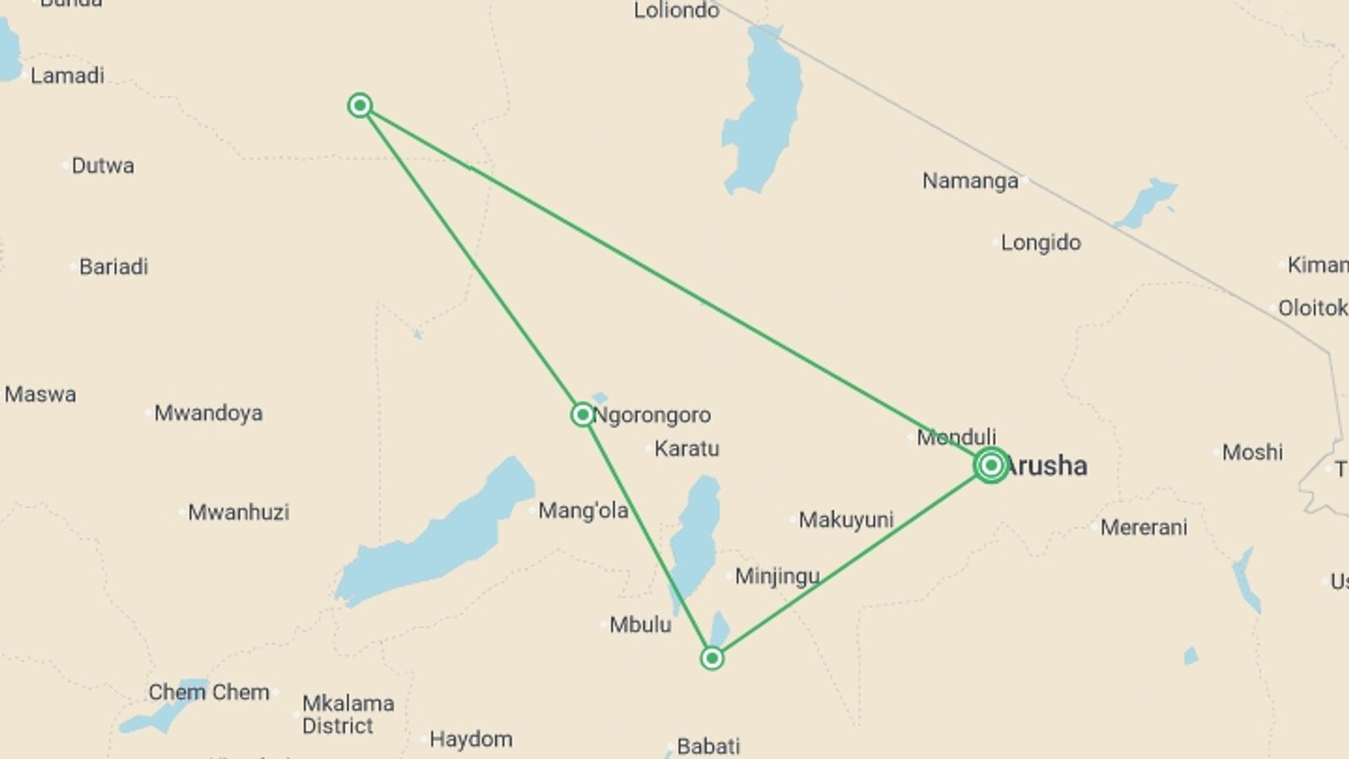 A map showing the tour itinerary for the trip: Signature: Tanzania’s Serengeti, Tarangire & Ngorongoro Crater, starting in Arusha, Tanzania and ending in Arusha, Tanzania going through 3 other destinations.