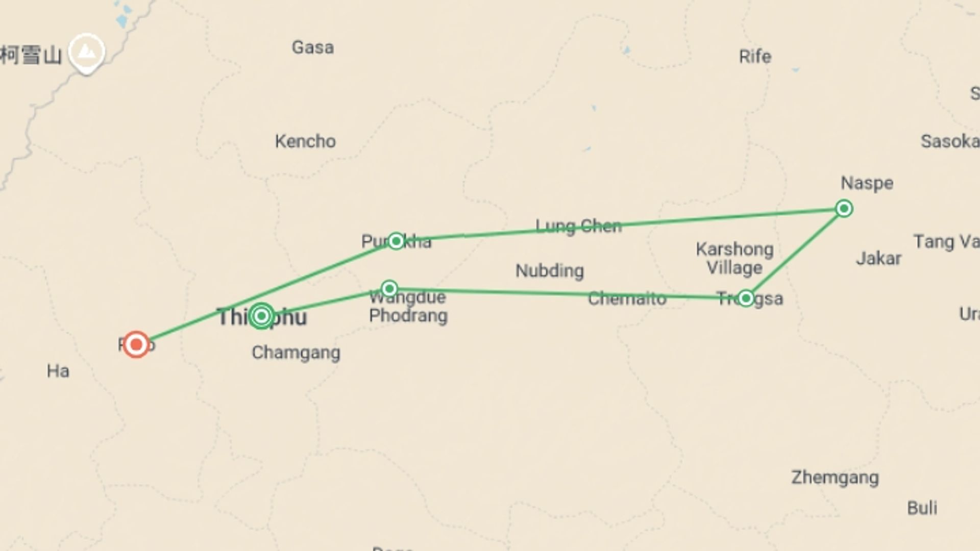 A map showing the tour itinerary for the trip: Hike the Trans Bhutan Trail, starting in Thimphu, Bhutan and ending in Paro, Bhutan going through 4 other destinations.